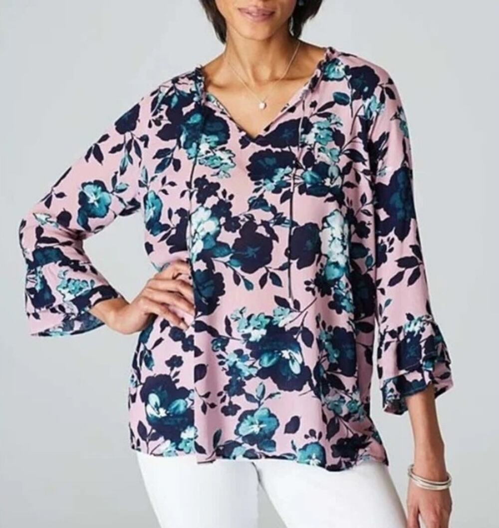 J. Jill Beautiful Blooms Blouse 3/4 Bell Sleeve Mauve Pink Blue Womens Size L
